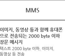 MMS - 이미지, 동영상 등과 함께 휴대폰 으로 전송되는 2000 byte 이하 장문 메시지 텍스트 2000 byte 이하, 이미지, 동영상 등 전송